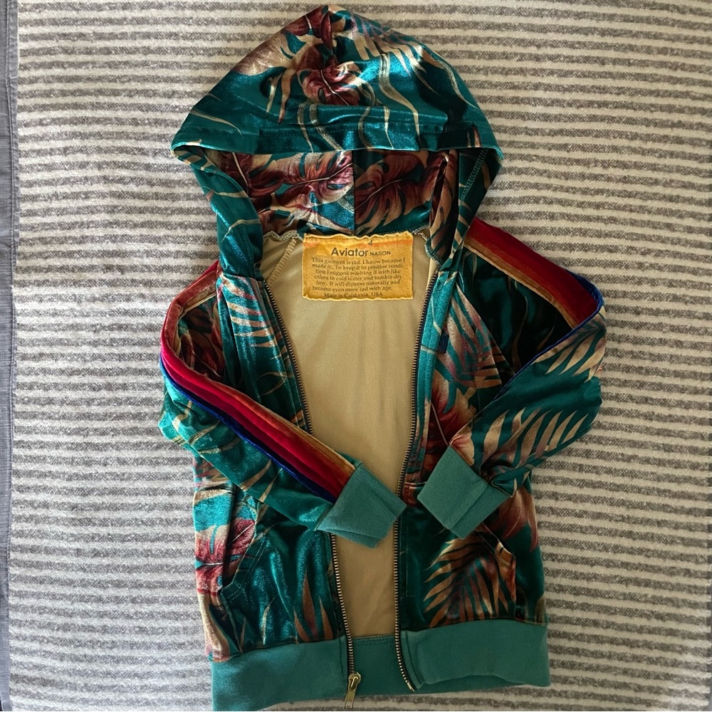 EUC - Aviator Nation Kids Velour Palm Print Hooded Zip Up Sweatshirt Size 4